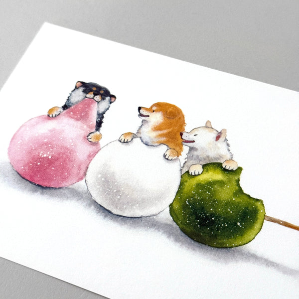 Shiba Inu trio and dango Post card