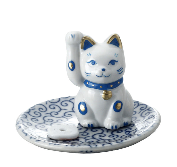 Seto ware Lucky Cat Incense Holder  |  Blue