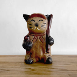 Wooden Baseball Cat Figurine | Japanese Vintage