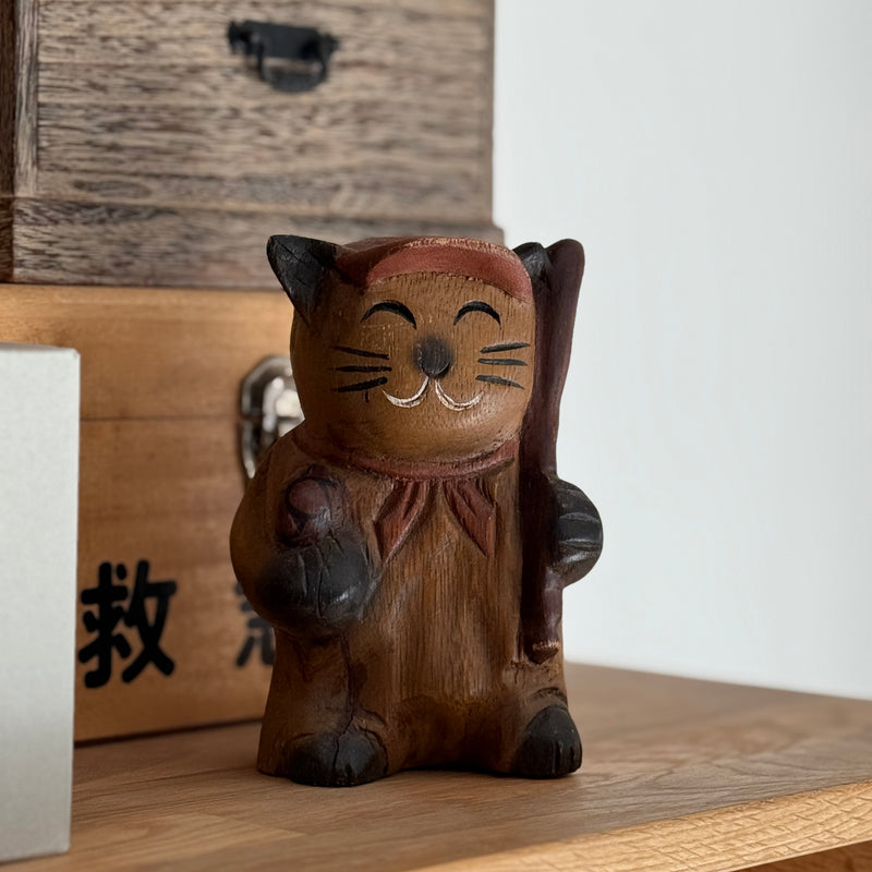 Wooden Baseball Cat Figurine | Japanese Vintage
