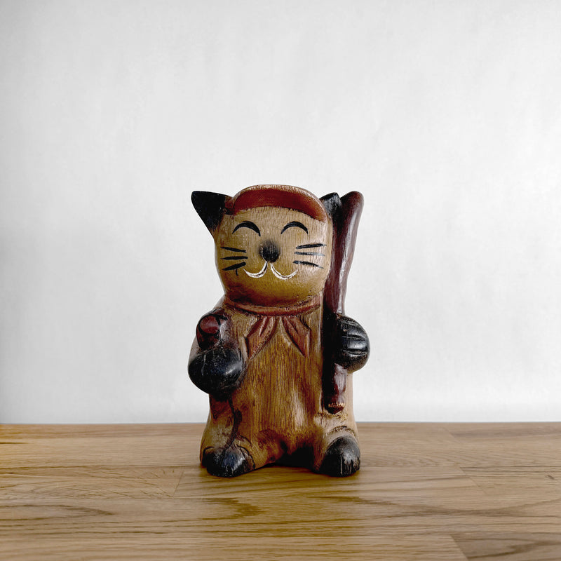 Wooden Baseball Cat Figurine | Japanese Vintage