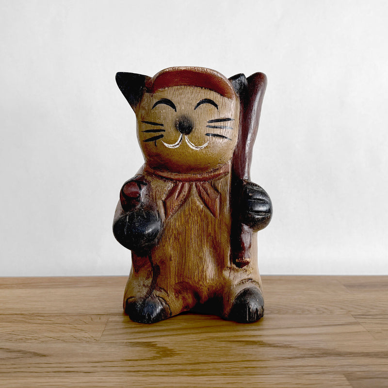 Wooden Baseball Cat Figurine | Japanese Vintage
