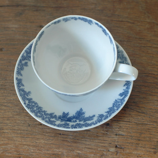 Copperplate painting cup & saucer (bird and cat, blue)